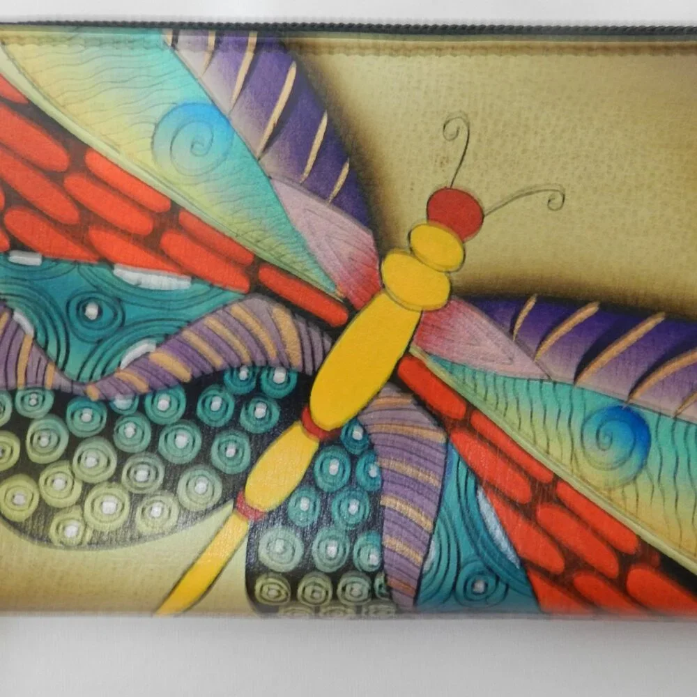 Anuschka Leather Butterfly clutch Zip around Hand painted wallet 8.5